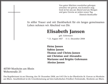 Traueranzeige von Elisabeth Jansen von Tageszeitung