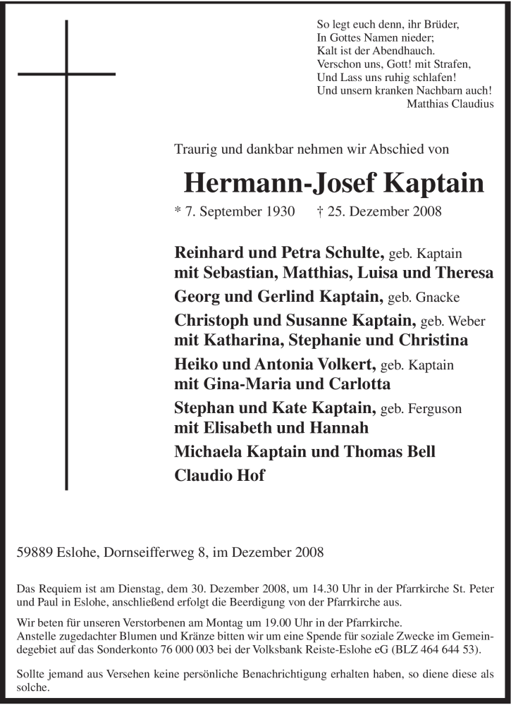  Traueranzeige für Hermann-Josef Kaptain vom 27.12.2008 aus Tageszeitung