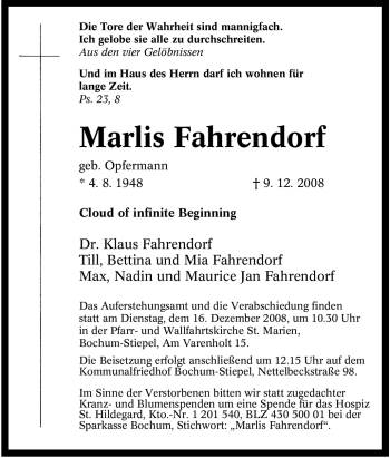Traueranzeige von Marlis Fahrendorf von Tageszeitung