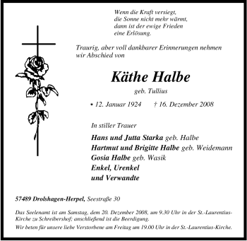 Traueranzeige von Käthe Halbe von Tageszeitung
