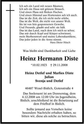 Traueranzeige von Heinz Hermann Diste von Tageszeitung