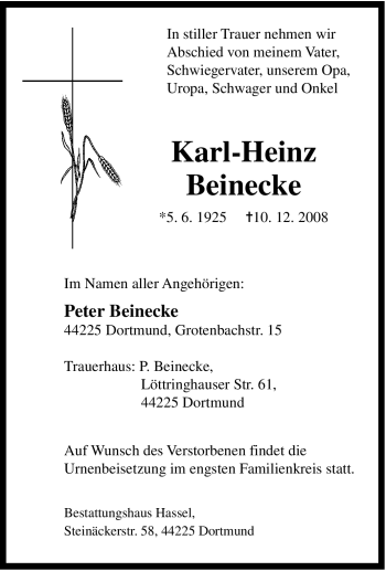 Traueranzeige von Karl-Heinz Beinecke von Tageszeitung