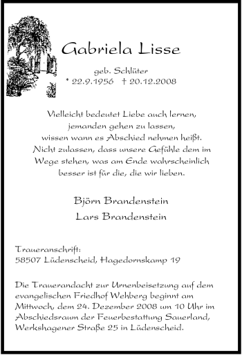 Traueranzeige von Gabriela Lisse von Tageszeitung