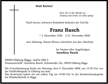Traueranzeige von Franz Busch von Tageszeitung