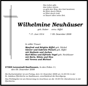 Traueranzeige von Wilhelmine Neuhäuser von Tageszeitung