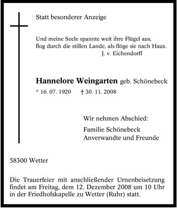 Traueranzeige von Hannelore Weingarten von Tageszeitung