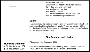 Traueranzeige von Hubertus Deimann von Tageszeitung