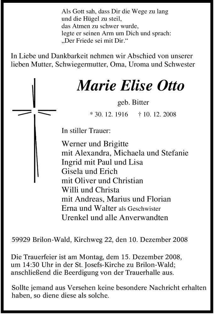  Traueranzeige für Marie Elise Otto vom 12.12.2008 aus Tageszeitung