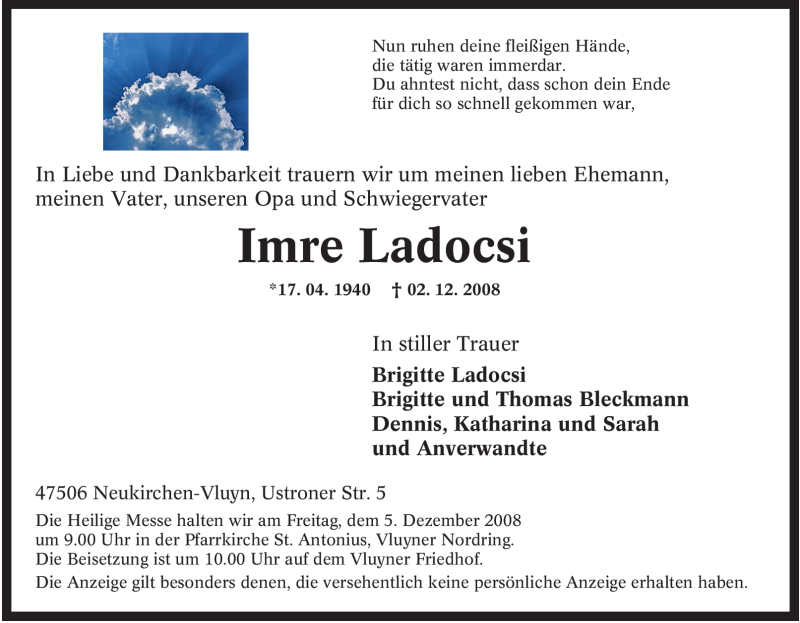  Traueranzeige für Imre Ladocsi vom 03.12.2008 aus Tageszeitung