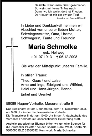 Traueranzeige von Maria Schmolke von Tageszeitung