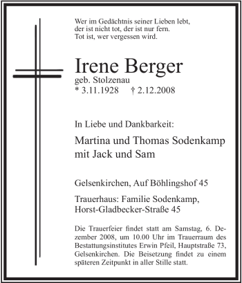 Traueranzeige von Irene Berger von Tageszeitung