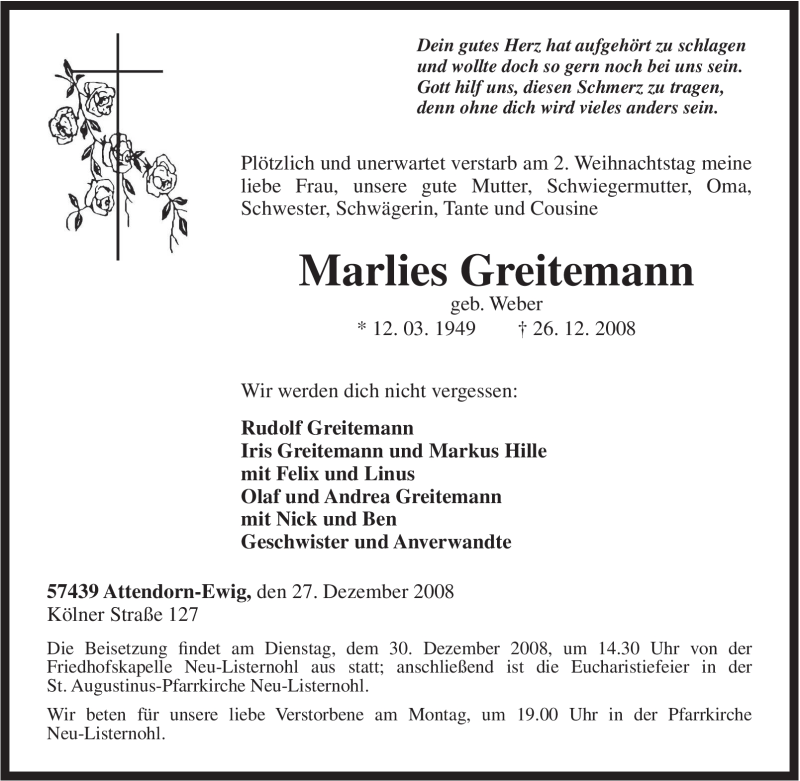  Traueranzeige für Marlies Greitemann vom 29.12.2008 aus Tageszeitung