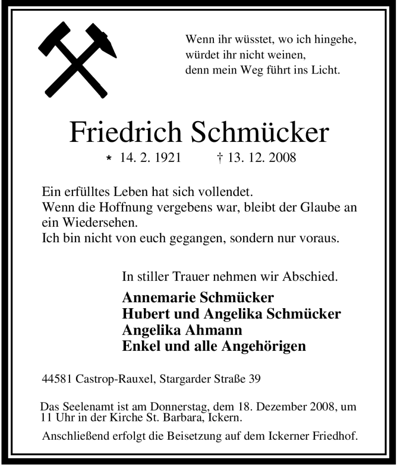  Traueranzeige für Friedrich Schmücker vom 16.12.2008 aus Tageszeitung