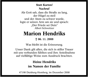 Traueranzeige von Marion Hendriks von Tageszeitung