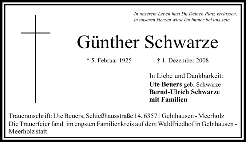  Traueranzeige für Günther Schwarze vom 20.12.2008 aus Tageszeitung