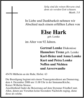 Traueranzeige von Else Hark von Tageszeitung