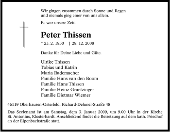 Traueranzeige von Peter Thissen von Tageszeitung