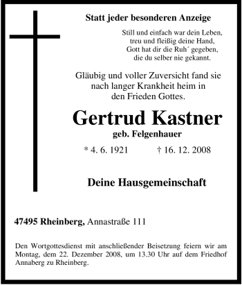 Traueranzeige von Gertrud Kastner von Tageszeitung