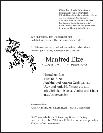 Traueranzeige von Manfred Elze von Tageszeitung