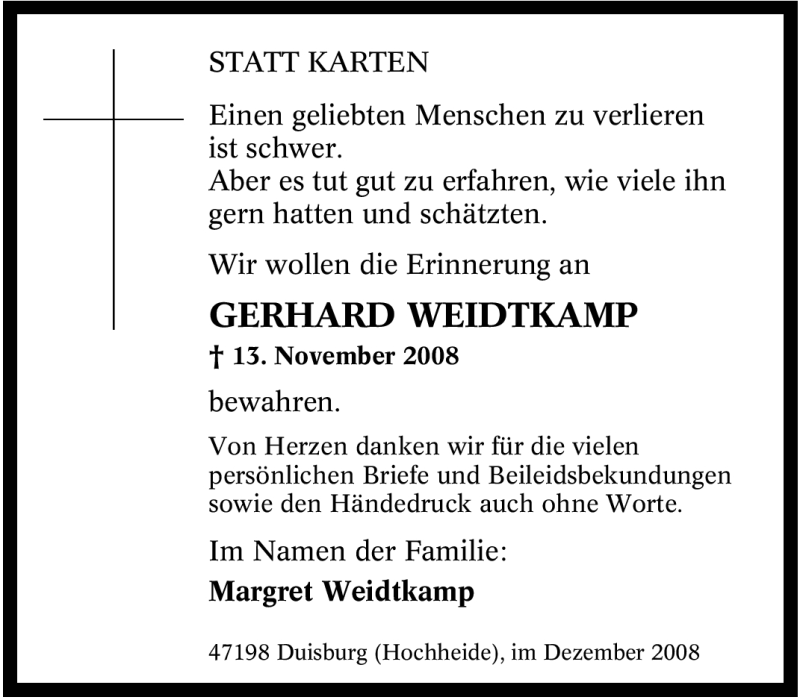  Traueranzeige für Gerhard Weidtkamp vom 13.12.2008 aus Tageszeitung