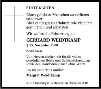 Traueranzeige von Gerhard Weidtkamp von Tageszeitung