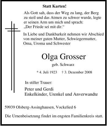 Traueranzeige von Olga Grosser von Tageszeitung