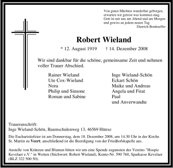 Traueranzeige von Robert Wieland von Tageszeitung