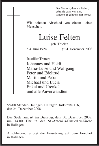 Traueranzeige von Luise Felten von Tageszeitung