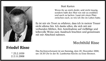 Traueranzeige von Friedel Risse von Tageszeitung