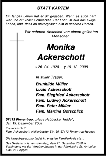 Traueranzeige von Monika Ackerschott von Tageszeitung