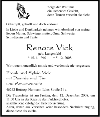 Traueranzeige von Renate Vick von Tageszeitung