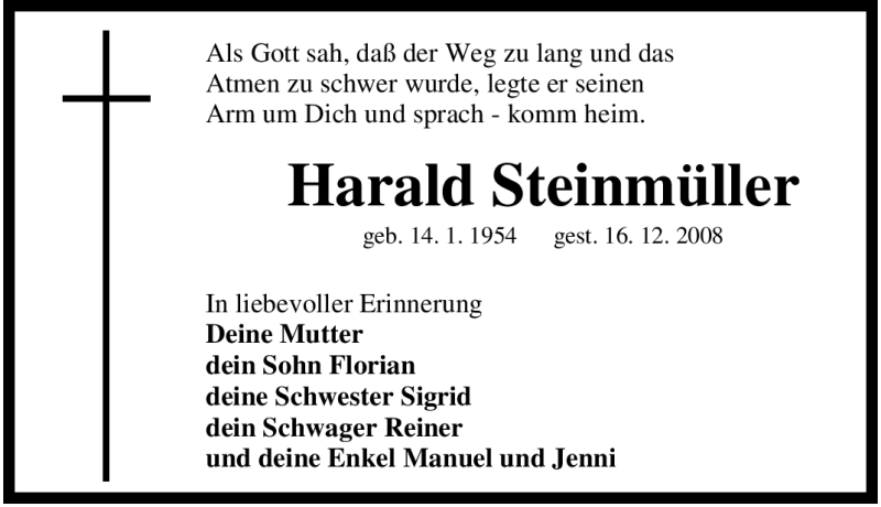  Traueranzeige für Harald Steinmüller vom 23.12.2008 aus Tageszeitung