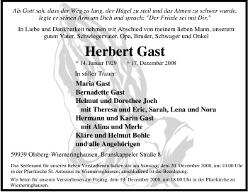 Traueranzeige von Herbert Gast von Tageszeitung