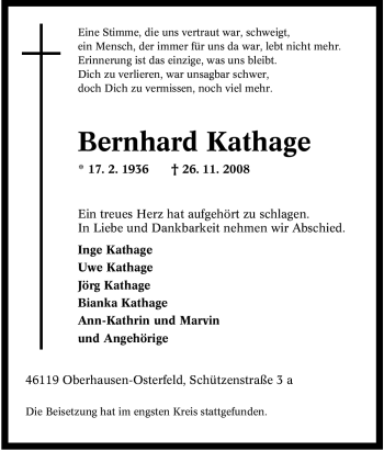 Traueranzeige von Bernhard Kathage von Tageszeitung