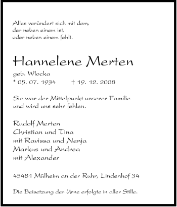 Traueranzeige von Hannelene Merten von Tageszeitung