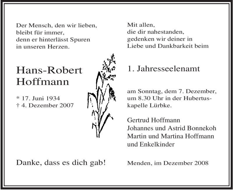  Traueranzeige für Hans-Robert Hoffmann vom 03.12.2008 aus Tageszeitung