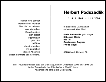 Traueranzeige von Herbert Podszadlik von Tageszeitung