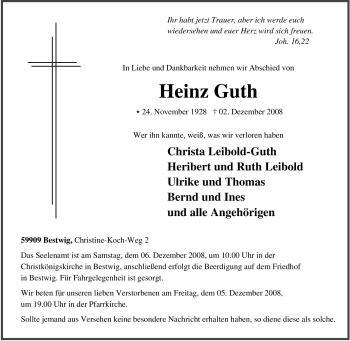 Traueranzeige von Heinz Guth von Tageszeitung