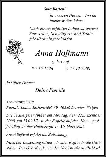 Traueranzeige von Anna Hoffmann von Tageszeitung
