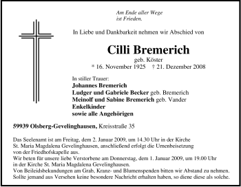 Traueranzeige von Cilli Bremerich von Tageszeitung