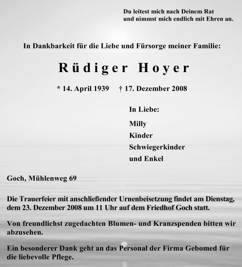  Traueranzeige für Rüdiger Hoyer vom 22.12.2008 aus Tageszeitung