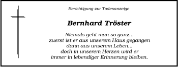 Traueranzeige von Bernhard Tröster von Tageszeitung