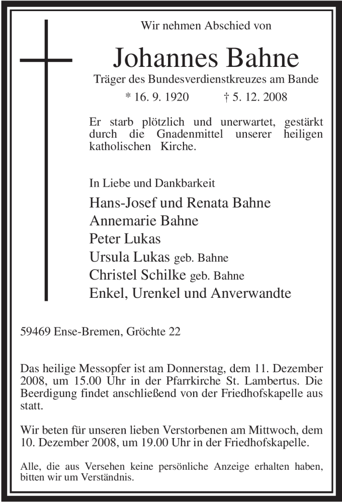  Traueranzeige für Johannes Bahne vom 08.12.2008 aus Tageszeitung