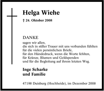 Traueranzeige von Helga Wiehe von Tageszeitung