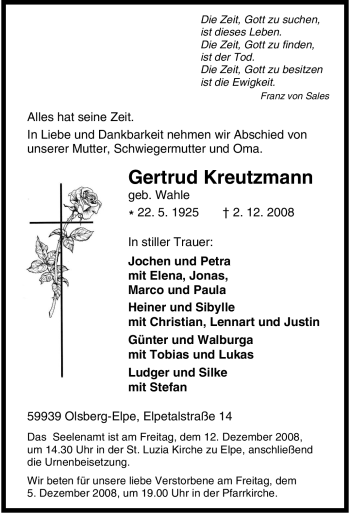 Traueranzeige von Gertrud Kreutzmann von Tageszeitung