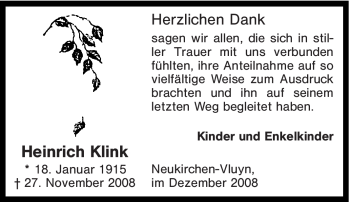 Traueranzeige von Heinrich Klink von Tageszeitung