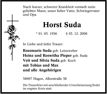 Traueranzeige von Horst Suda von Tageszeitung