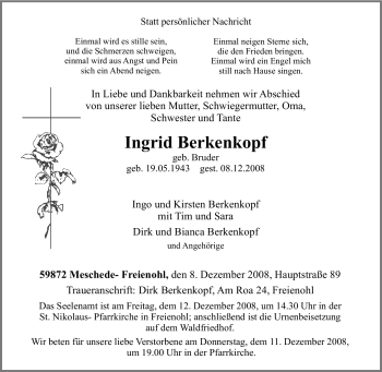 Traueranzeige von Ingrid Berkenkopf von Tageszeitung