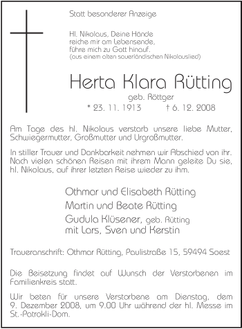 Traueranzeige von Herta Klara Rütting von Tageszeitung