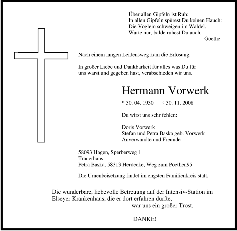  Traueranzeige für Hermann Vorwerk vom 06.12.2008 aus Tageszeitung